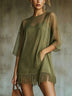 Olive Chiffon Mini Dress With Fringe Hem