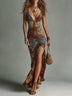 Retro Ethnic Printed Maxi Dress with Deep V-Neck and Slit Hem
