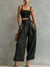 Black cropped top and embroidered wide-leg trousers set(Includes belt)
