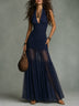 Navy Boho Halter Smocking Mesh Paneling Maxi Dress