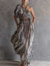 Retro Abstract Stripe One-Shoulder Chiffon Maxi Dress(Waist accessory and belt not included)