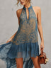 Blue vintage-print chiffon mini dress with a zip collar