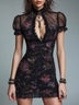 Black Mesh Printed Ruffled Slim-Fit Mini Dress