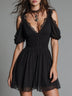 Black Boho Smocked-waist Shoulders Chiffon Mini Dress