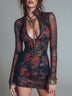 Charming Floral Mesh Mini Dress with Front Zipper