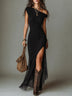 Boho Black Front Slit One-shoulder Maxi Dress With Side-split Hem