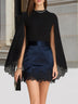 Elegant cape-sleeve top and satin mini skirt set with a lace hem