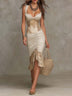 Beige Bohemian Lace Trim Ruched Midi Dress