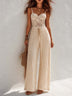 Beige Bohemian Wide-Leg Jumpsuit with Lace Paneling and Pleat Details