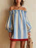 Blue and white striped off-the-shoulder mini dress with a contrasting hem