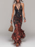 Vintage Floral Print Lace-Panelled Mesh Maxi Dress