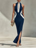 Navy and White Paneled Slim-Fit Maxi Dress with Front Zipper