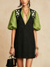 Color-block puff-sleeve floral embroidered mini dress