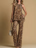 Elegant Leopard Print Sleeveless Chiffon Top And Flared Pants Set