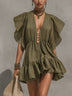 Green Deep V-Neck Flounce-Sleeve Ruched Mini Dress