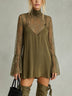 Green high-neck sheer lace bell-sleeve mini dress set