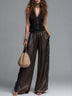 Casual V-neck tank and lace-trim wide-leg pants set