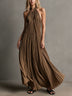 Minimalist brown sleeveless pleated chiffon maxi dress