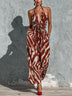 Abstract Zebra Print Halter-Neck Wide-Leg Jumpsuit with Waist Tie