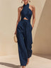 Navy Halter-Neck Crop Top and Wide-Leg Pants Set