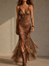 Bohemian Romantic Sheer Brown Floral Fishtail Dress