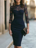Navy Lace Sleeve Sheer Yoke Pencil Midi Dress
