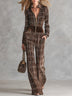 Retro Chocolate Plaid Velvet Front-Zip Jumpsuit