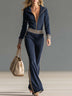 Retro-style sporty dark blue hooded zip-up jumpsuit