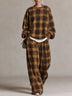 Retro-casual brown plaid crew-neck sweatshirt and wide-leg pants set