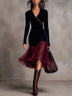 Navy Velvet and Chiffon Panel Wrap Midi Dress