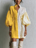 Stand-collar color-block puff-sleeve mini dress