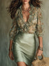 Elegant Floral Ruffle Blouse & Satin Mini Skirt Set