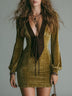 Vintage olive velvet deep V-neck tie-waist mini dress