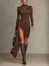 Brown Turtleneck Long Sleeve Ruched Wrap Mini Dress