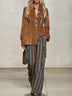 Retro Faux Suede Shirt And Vertical Striped Trousers Set