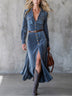 Western Blue Lapel Button-down Velvet Maxi Dress