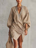 Khaki Casual V-Neck Lantern-Sleeve Loose Mini Dress