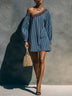 Minimalist Striped One-Shoulder Long-Sleeve Embroidered Mini Dress