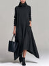 Black long dress with a gathered neckline and pockets
