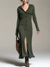 Olive green button-front hooded maxi dress with pockets
