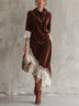 Brown velvet midi dress with lace hem paneling