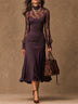 Elegant Purple Matte satin Lace Long Sleeve Bodycon Midi Dress