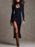 Navy Cut-Out Zip-Front Slit Slim-Fit Midi Dress