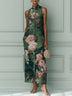 Vintage Floral Oil Painting Print Straight-Cut Maxi Dress
