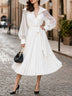 French vintage white lace-up V-neck midi wrap dress