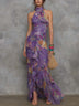 Elegant Purple Floral Chiffon Halter Maxi Dress