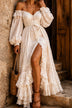 Cream off-shoulder tie-up ruffled maxi dress