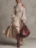 Beige Cold Shoulder Turtleneck Top And Lace Hem Skirt Set