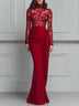 Elegant Red Lace Long Sleeve Ruched Mermaid Evening Gown