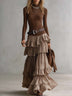 Elegant Retro Brown High-neck Top And Plaid Tiered Maxi Skirt Set（Belt included）